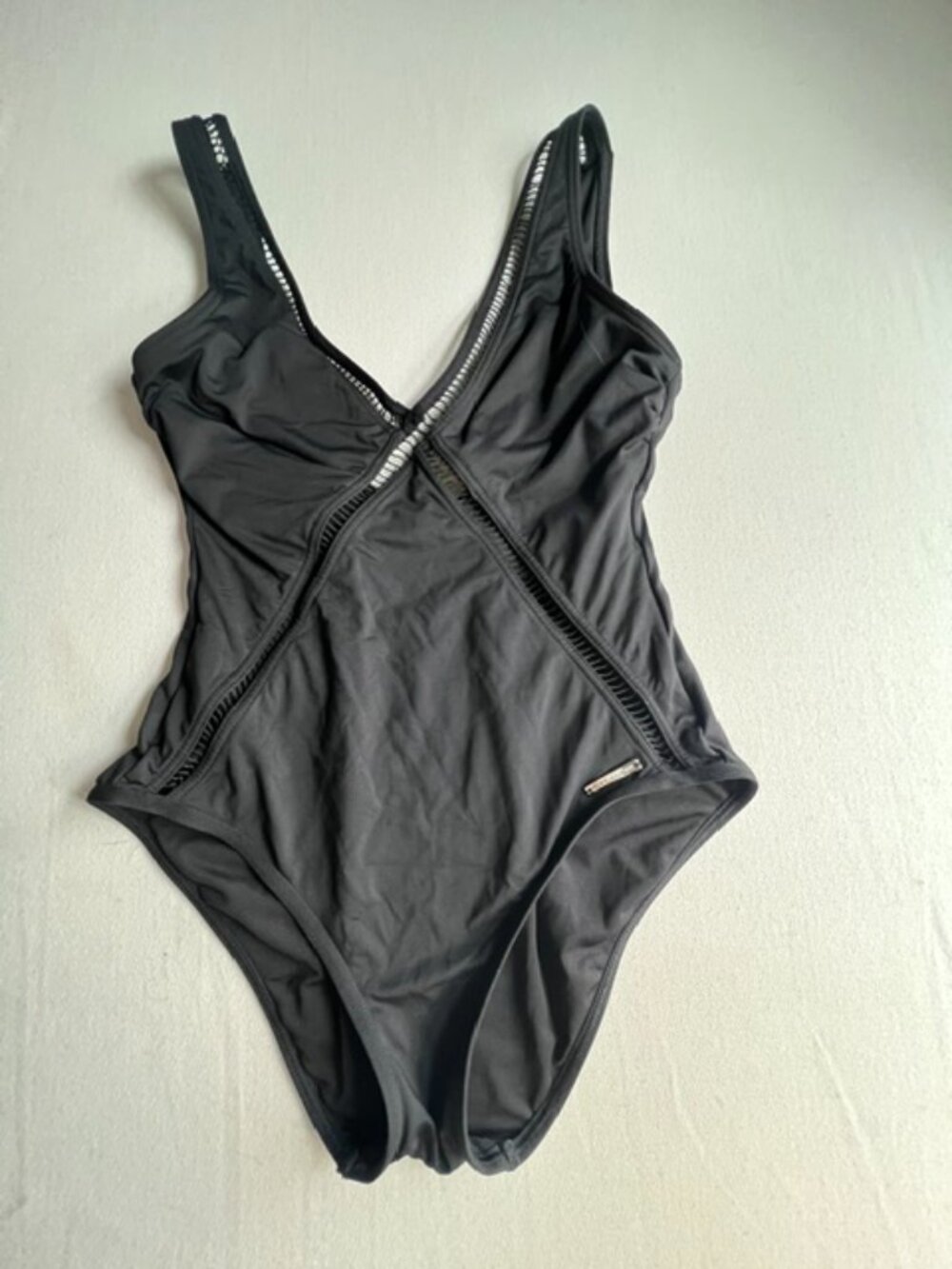 Michael Kors Illusion Lattice V-Neck One-Piece Swimsuit black ladder stitching 8